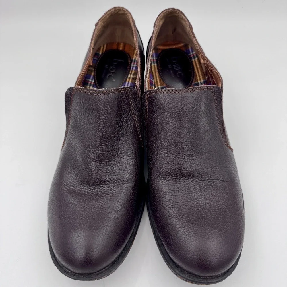 b.o.c. Born Concept Womens Dark‎ Brown Leather Slip On Block Heel Loafers Shoes